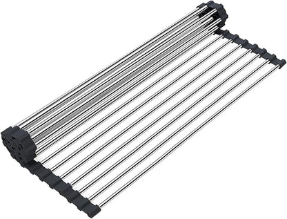 Searik Dish Drying Rack Roll Up Sink Drying Rack, Over The Sink Dish Rack Multi-Use Stainless Steel Dish Drainers Heat Resistant Mat for Drying Draining Trivet (17.7"x13.8")