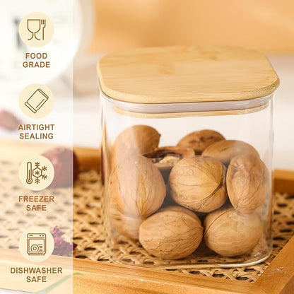 4-Pack Square Glass Containers with Bamboo Lids, 24 fl oz/720ml Airtight Canister Set, Clean & Elegant Storage Jars for Candy, Coffee, Tea, Sugar, Flour, Cookies, Spices