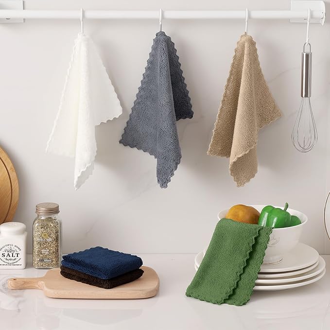 Kitinjoy 24 Pack Kitchen Dish Cloths, Super Soft and Absorbent Coral Velvet Dish Towels (7 x 9 Inches, White/Tan/Grey/Navy Blue/Brown/Grass Green)