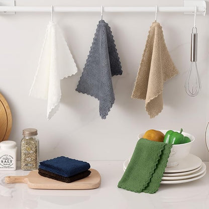 Kitinjoy 24 Pack Kitchen Dish Cloths, Super Soft and Absorbent Coral Velvet Dish Towels (7 x 9 Inches, White/Tan/Grey/Navy Blue/Brown/Grass Green)