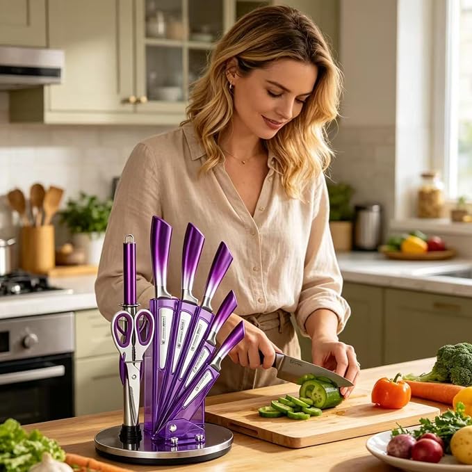 Elegant Purple 9-Piece Kitchen Knife Set with Acrylic Block,Non Stick Sharp Stainless Steel Chef Knives with Sharpener,Gift Ready Cutlery Set for Women