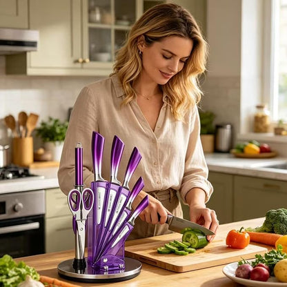 Elegant Purple 9-Piece Kitchen Knife Set with Acrylic Block,Non Stick Sharp Stainless Steel Chef Knives with Sharpener,Gift Ready Cutlery Set for Women
