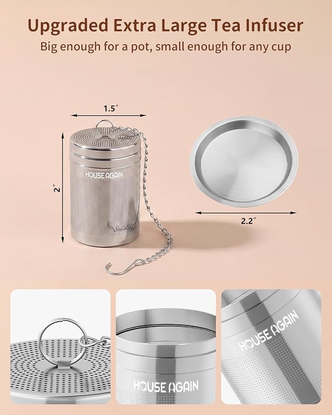 House Again Tea Infusers, Extra Fine Mesh Tea Strainers for Loose Tea, Updated Slim Threaded Lid & 304 Stainless Steel, Loose Leaf Tea Steeper for Brew Tea Spices & Seasonings