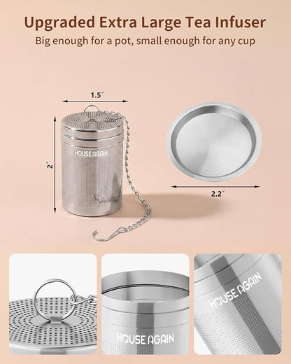 House Again Tea Infusers, Extra Fine Mesh Tea Strainers for Loose Tea, Updated Slim Threaded Lid & 304 Stainless Steel, Loose Leaf Tea Steeper for Brew Tea Spices & Seasonings