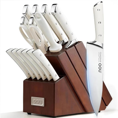 Knife Set, 15 Pcs German High Carbon Stainless Steel Kitchen Knife Set, Knife Sets with Block and Sharpener,Enduring Razor-Sharp FSC Wooden Knives Block Set for Kitchen，Brown