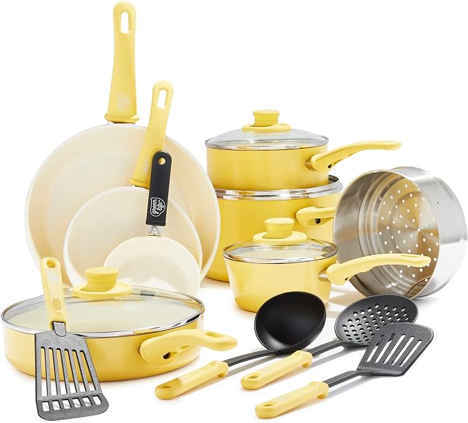 GreenLife 16 Piece Nonstick Cookware Set, Soft Grip Non-Toxic PFAS-Free Ceramic Pots & Pans, Dishwasher & Oven Safe, Frying, Sauce, Saute, Utensils, Glass Lids, Stay-Cool Handles, Wobble Free, Yellow