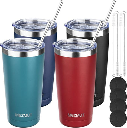 MEZMUT 20oz Tumbler Coffee Travel Mug with Lid and Straw, 4 Pack Stainless Steel Double Wall Vacuum Spill Proof Insulated Tumbler, Hot or Iced Coffee Cups for Drinks (4Pcs, Mixed2)