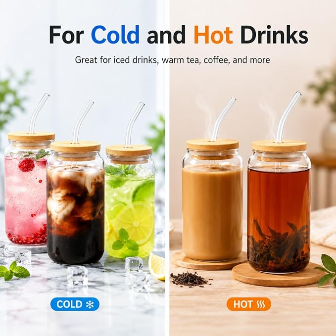 Glass Cups with Lids and Straws Set of 8, 16 oz Can Glasses with Bamboo Lids and Glass Straws, Iced Coffee Cups for Coffee Bar, Cold Brew, Matcha, Soda and Daily Drinks