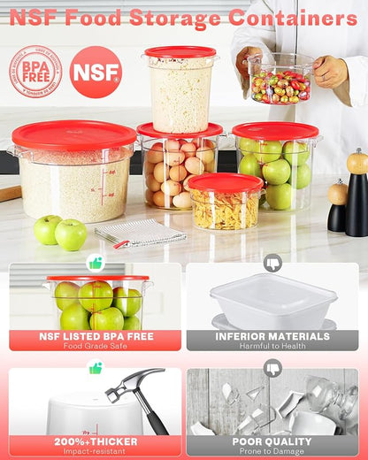 2QT NSF Round Food Storage Containers with Lids: 4 PCS [Total Food Grade][Hot&Cold Resistant] Dough Proofing Container for Pizza, Bread with Measuring Spoons Included(BPA FREE) (RED)