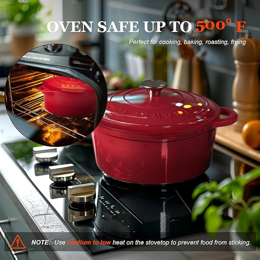 Overmont 5.5QT Enameled Cast Iron Dutch Oven with Lid Cookbook Heavy-Duty Casserole with Dual handles for Braising, Stews, Roasting, Sourdough Baking