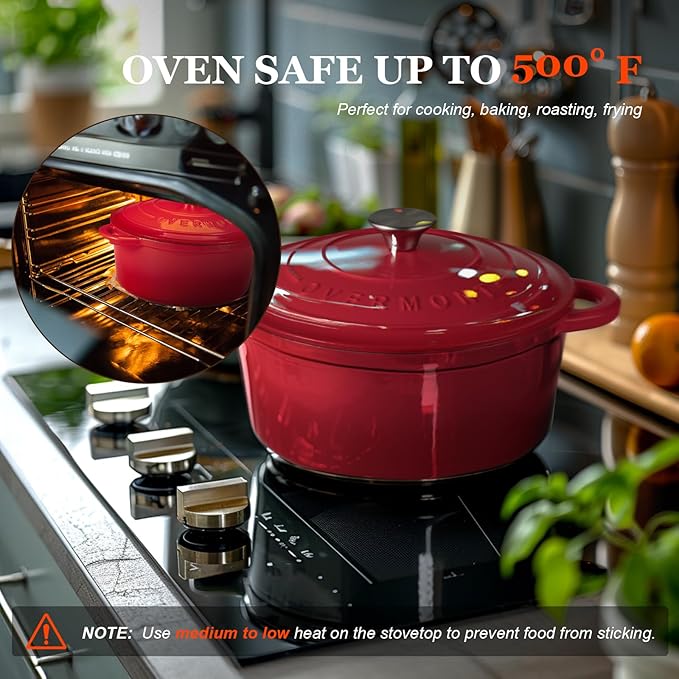 Overmont Enameled Cast Iron Dutch Oven - 4.5QT Pot with Lid Cookbook & Cotton Potholders - Heavy-Duty Cookware for Braising, Stews, Roasting, Sourdough Baking red