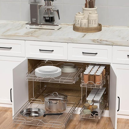 OCG 2 Tier Pull Out Cabinet Organizer (21.5" W x 21" D), Pull Out Drawers for Kitchen Cabinets, Pull Out Shelves for Base Cabinet Organization in Kitchen Bathroom Pantry, Chrome Finish