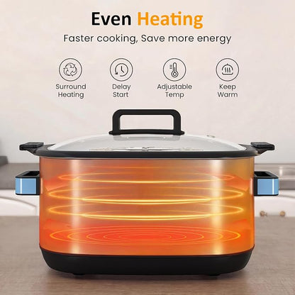 Sunvivi 12-in-1 Multi Cooker, 6.5QT Programmable Slow Cooker with Timer & Temp Control, Auto Warm Setting, Delay Start, Dishwasher Safe Lid & Removable Nonstick Crock, Stainless Steel Rack, Blue