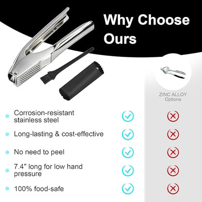 Garlic Press Stainless Steel, Garlic Mincer & Crusher with Peeler Tube and Cleaning Brush, Large Capacity Ergonomic Handle, No Need to Peel, Dishwasher Safe Garlic Press with Built-in Bottle Opener