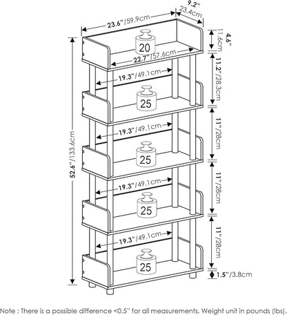 Furinno TURN-N-TUBE 5-Tier Display Shelf, Storage Shelves, Book Shelf, Open Shelves with Rounded Corner Top Edges, for Organization and Storage, Living Room, Home Office, Flagstaff Oak