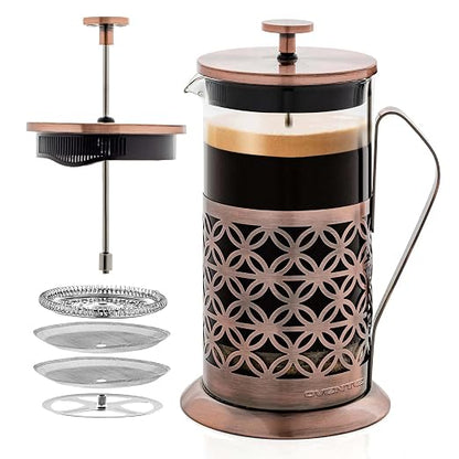 OVENTE French Press Coffee Maker 34 Ounce with Heat Resistant Borosilicate Glass, Stainless Steel Design and 4-Level Filter System, Portable Cold Brewer Pot for Travel, Camping or Gift, Copper FSF34C