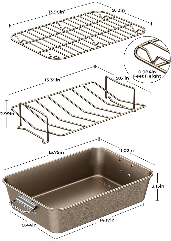 Turkey Roasting Pan with Rack Non stick Carbon Steel Roaster 16x11 Inch, Dishwasher Safe, Deep Baking Broiler Pan for Oven Chicken, Bacon, Golden