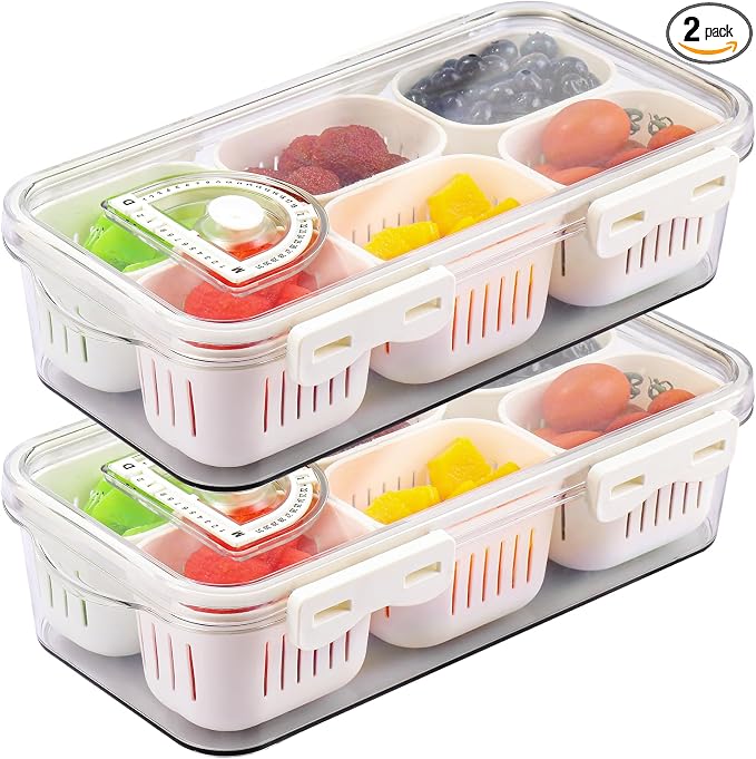 Divided Serving Tray with Lid - 2 Pack Fresh Keeper Fruit Storage Containers for Fridge Stackable Vegetable Saver for Refrigerator Airtight Snack Organizer Containers 6 Boxes