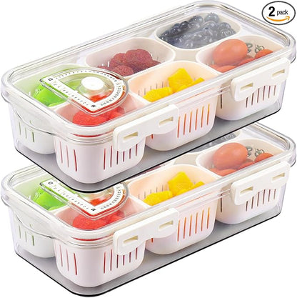 Divided Serving Tray with Lid - 2 Pack Fresh Keeper Fruit Storage Containers for Fridge Stackable Vegetable Saver for Refrigerator Airtight Snack Organizer Containers 6 Boxes