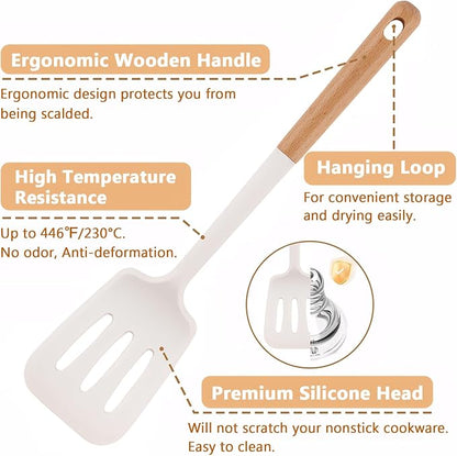 Silicone Cooking Utensils Set 5 Pcs Large Non-Stick Kitchen Utensils Set, Wooden Handle Heat Resistance Turner Soup Ladle Spoon Silicone Cooking Kitchen Gadgets BPA Free for Nonstick Cookware