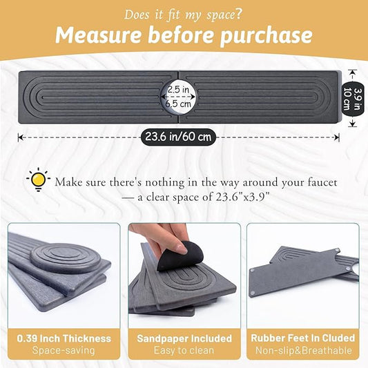 Faucet Mat for Kitchen Sink, 24'' Long Diatomite Sink Protector Splash Guard Draining Mat, Quick Drying Stone Sink Tray, Water Absorbent Soap Sponge Holder for Bathroom, Women Birthday Gift, Dark Gray