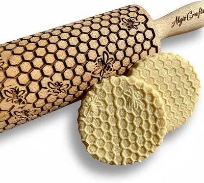BEEHIVE Embossing Rolling Pin with Pattern. Laser Engraved Embossing Dough Roller for Homemade Cookies and Pottery by Algis Crafts