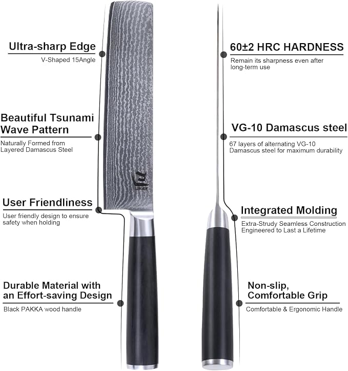 SUNCHUN Nakiri Knife VG-10 Damascus Steel 67-Layer Japanese Vegetable Cleaver, Ultra Sharp 602 HRC Kitchen Knife with Black Pakka Wood Handle, Professional Chef Knife for Vegetables & Food Prep