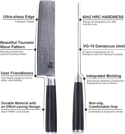 SUNCHUN 3-Piece VG-10 Damascus Kitchen Knife Set with Double-Sided Sharpening Stone – Nakiri, Chef & Paring Knives, 67-Layer Tsunami Wave Pattern, Black Pakka Wood Handles, 60±2 HRC (3-Piece-Set)