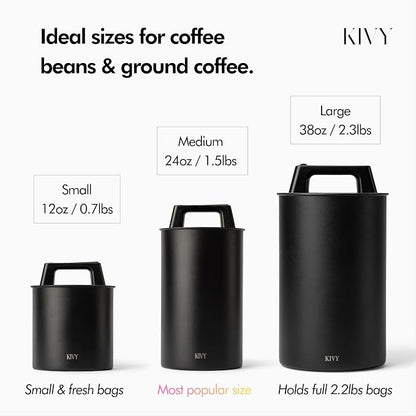 KIVY Vacuum Coffee Canister - Push Lid Preserves Aroma & Oil - Stainless Steel Airtight Container for Ground & Bean Storage - Removes Excess Air