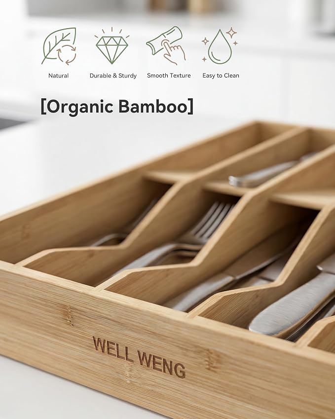Utensil Drawer Organizer for Silverware,Bamboo 10 Slot | V-Groove & Anti-Slip Blocks, Vertical Storage,16" D x 12.3" W x 2.25" H, Cutlery Holder Dividers for Spoons Forks Knives