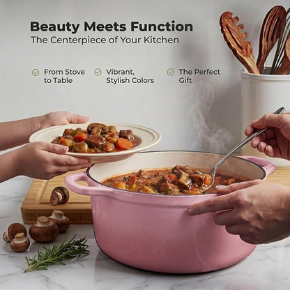 Zulay Kitchen 5 Quart Enameled Cast Iron Dutch Oven Pot with Lid – Premium Durability & Oven Safe up to 500°F – Heavy Duty Cookware Perfect for Bread Baking, Stews, Braising & Roasting – Pink