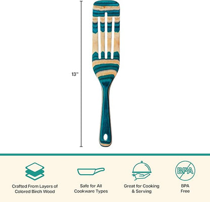Baltique Mykonos 13 Inch Wooden Slotted Spurtle Spatula – Colorful Layered Birch Cooking Utensil for Stirring, Mixing & Serving