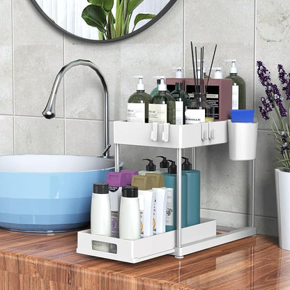 2 Pack Under Sink Organizer with Pull-Out Drawer, White | 2-Tier Cabinet Storage, Kitchen & Bathroom, Tool-Free Assembly, Fits Cleaning Supplies & Toiletries, Space Saving