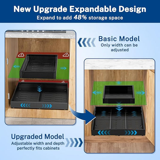 Pull Out Cabinet Organizer Expandable (12.4"-20.08")W & (16.26"-22.44")D, Insputer No Drill Slide Out Drawers with 3 Slide Rail, 2Pcs Magnetic Panel, Adhesive Roll Out Shelf for Kitchen, Pantry Black