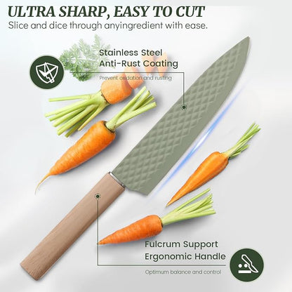 12-Piece Modern Green Knife Block Set with Drawer Organizer, Stainless Steel Knife Set, 6 Steak Knives, Non-Stick Coated Blades