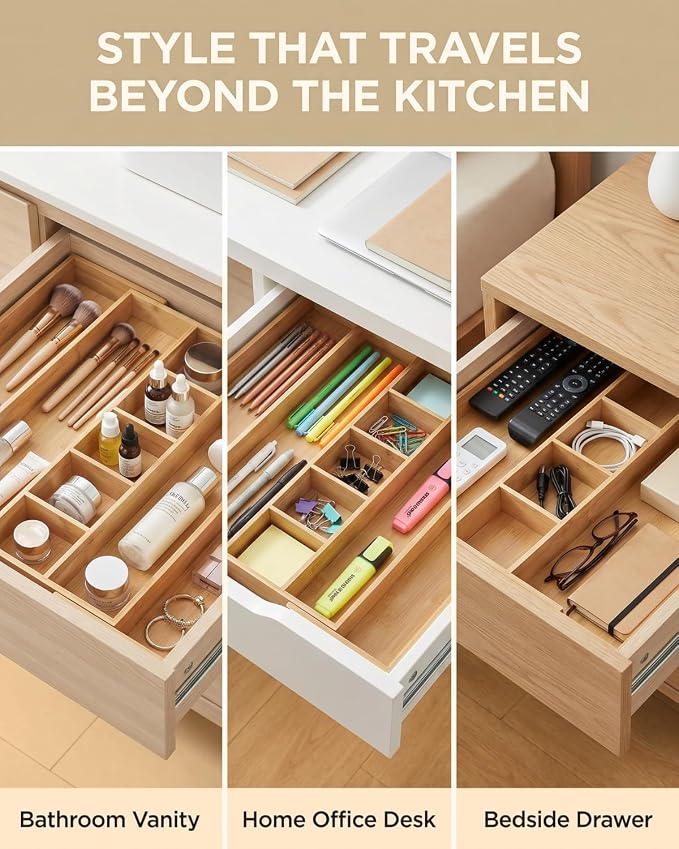 Expandable Bamboo Silverware Drawer Organizer, 5-7 Compartments | Expandable Design, 5-7 Compartments, Dual-Zone Storage, Natural Bamboo Construction, Easy Access Layout