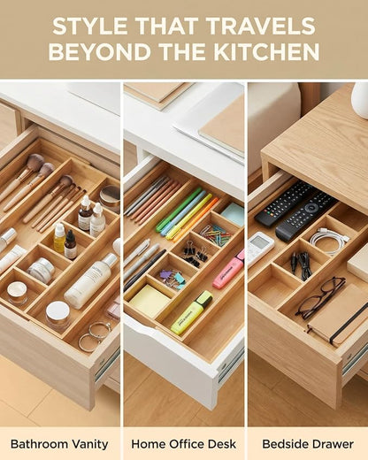 Expandable Bamboo Silverware Drawer Organizer, 5-7 Compartments | Expandable Design, 5-7 Compartments, Dual-Zone Storage, Natural Bamboo Construction, Easy Access Layout