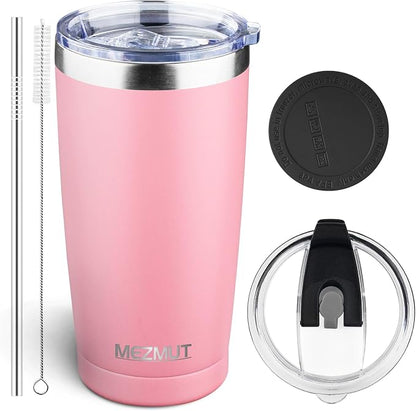 MEZMUT 20oz Tumbler Coffee Travel Mug with Daul Lid and Straw, Stainless Steel Double Wall Vacuum Spill Proof Insulated Tumbler, Hot or Iced Coffee Cups for Drinks (1Pack, Light Pink)