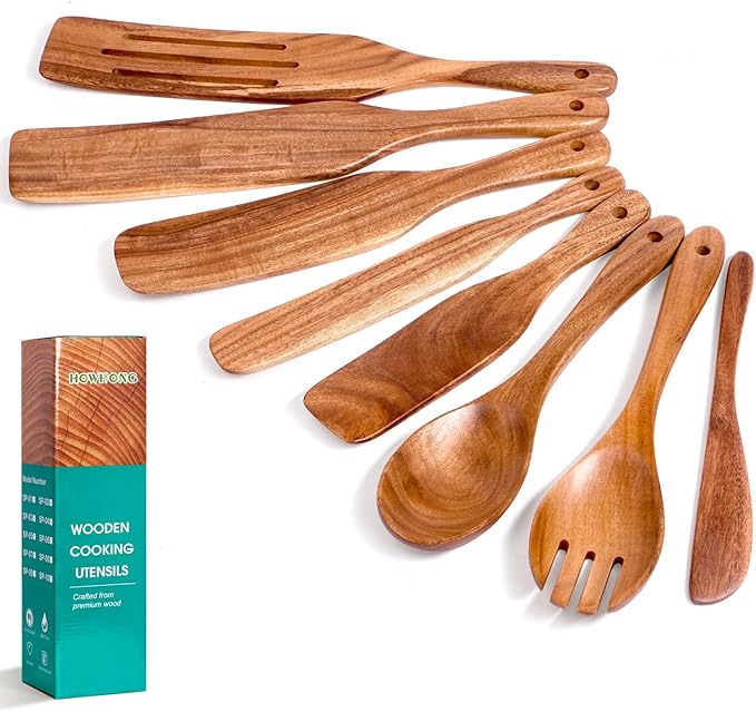 HOWHONG Wooden Spatula Spurtle Set for Cooking, Acacia Wood Kitchen Utensils, Premium Handmade Spurtles for Nonstick Cookware, Heat Resistant, Smooth Finish, Comfortable Grip, 8 Piece