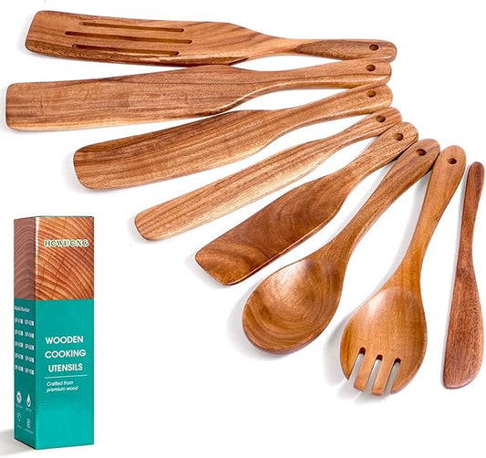 HOWHONG Wooden Spatula Spurtle Set for Cooking, Acacia Wood Kitchen Utensils, Premium Handmade Spurtles for Nonstick Cookware, Heat Resistant, Smooth Finish, Comfortable Grip, 8 Piece