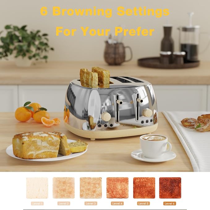 Anfilank Toaster 4 Slice,Retro Stainless Steel Toaster with Extra Wide Slots, Dual Independent Control Panel, Cancel, Bagel, Defrost Function, Removable Crumb Tray (Silver)