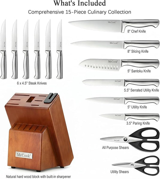 McCook® Knife Sets, German Stainless Steel Kitchen Knife Block Sets with Built-in Sharpener, 15 Piece Chef Knife and More, Razor Sharp, Restaurant Grade, Anti-Rust, Elegant Box for Gift