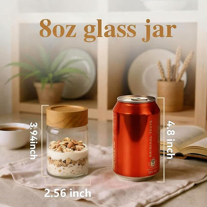 6-Pack 8 fl oz Stackable Airtight Glass Jars (with Acacia Wood Lids + Sticker Labels) – Small Mason Jars designed for overnight oats, spices, dry goods, and kitchen organization.