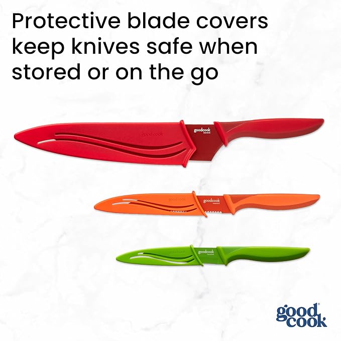 GoodCook Knife Set High Carbon Stainless Steel Kitchen Knives with Nonstick Finish Slip Resistant Grips and Protective Sheaths, Set Includes Paring Utility and Chef's Knives, 3-Piece Set, Multicolor