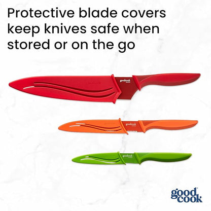 GoodCook Knife Set High Carbon Stainless Steel Kitchen Knives with Nonstick Finish Slip Resistant Grips and Protective Sheaths, Set Includes Paring Utility and Chef's Knives, 3-Piece Set, Multicolor