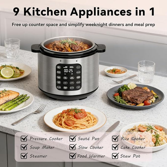 Carori 8 Qt Electric Pressure Cooker, 9-in-1 Multi-Cooker 1000W with IMD Touchscreen, Non-Stick Inner Pot, For Pressure/Slow/Rice Cooking, Steaming, Sauté & Keep Warm, Silver