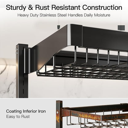 MAJALiS 3 Tier Extra Large Stainless Steel Expandable Over The Sink Dish Drainer Drying Rack, Rust Proof Metal, Space Saving, Modern Black Big Capacity Extendable Plate Strainers Above Counter