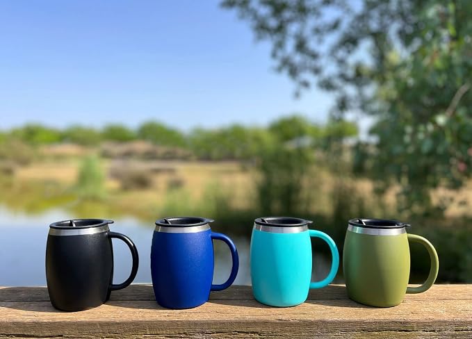 Stainless Steel Insulated Coffee Mugs Set of 2 (14oz) – Double Wall Coffee Cups With Spill Resistant Lid & Strong Handle, Shatterproof Cups for Cold Drinks, Hot Beverages, Indoor & Outdoor Use