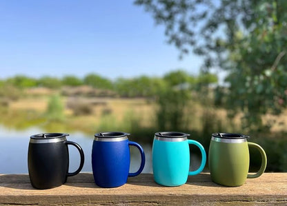 Stainless Steel Insulated Coffee Mugs Set of 2 (14oz) Double Wall Coffee Cups With Spill Resistant Lid & Handle – Shatterproof Cups for Cold & Hot Drinks for Indoor & Outdoor Use (Aqua Blue)