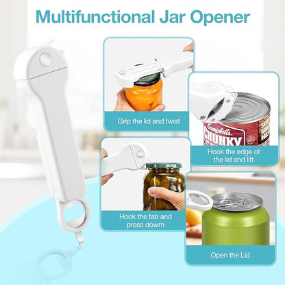 Jar Opener for Seniors with Arthritis, 7 in 1 Bottle Opener and Wine Corkscrew, Easy Grip Kitchen Gadget for Weak Hands Elderly, Retractable Jaw Lid Opener with Magnetic Storage (Off-White)